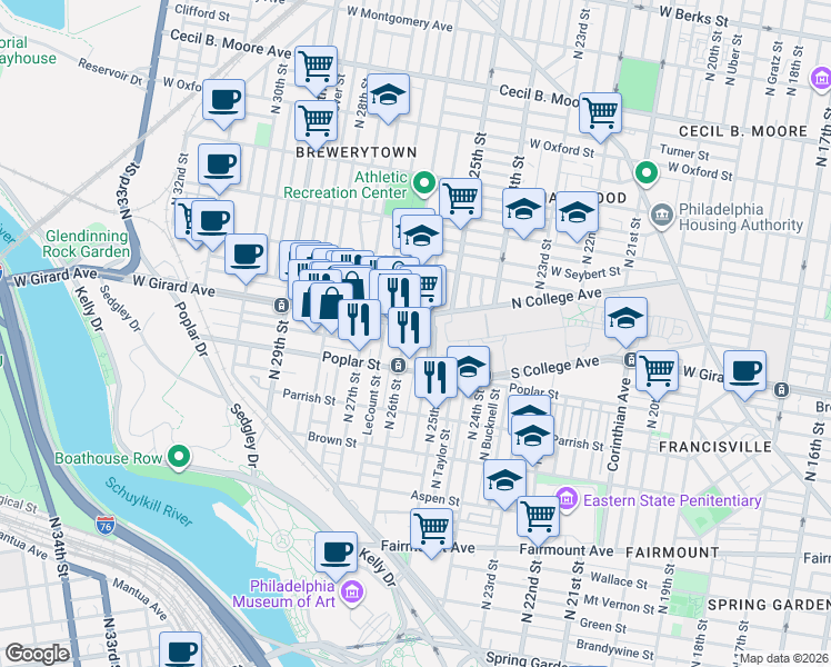 map of restaurants, bars, coffee shops, grocery stores, and more near 2511 West Girard Avenue in Philadelphia