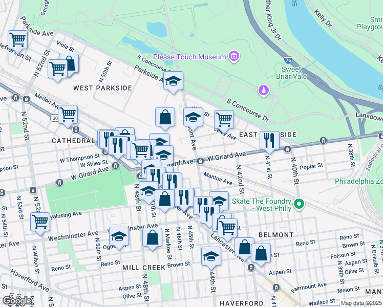 map of restaurants, bars, coffee shops, grocery stores, and more near 1212 Belmont Avenue in Philadelphia