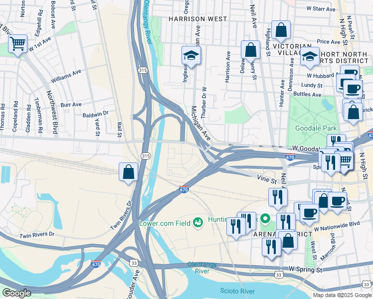 map of restaurants, bars, coffee shops, grocery stores, and more near 537 West Goodale Street in Columbus