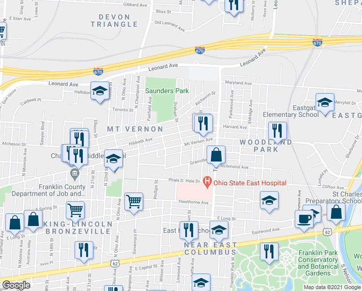 map of restaurants, bars, coffee shops, grocery stores, and more near Mt Vernon Ave & Graham St in Columbus