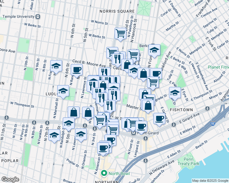 map of restaurants, bars, coffee shops, grocery stores, and more near 1502 North 2nd Street in Philadelphia