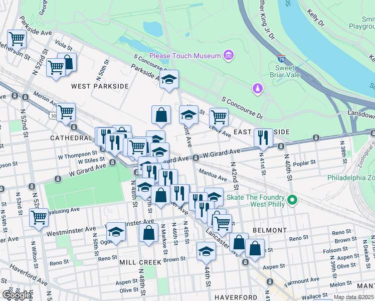 map of restaurants, bars, coffee shops, grocery stores, and more near 1212 Belmont Avenue in Philadelphia
