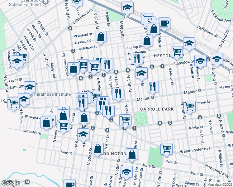 map of restaurants, bars, coffee shops, grocery stores, and more near 1442 North 60th Street in Philadelphia