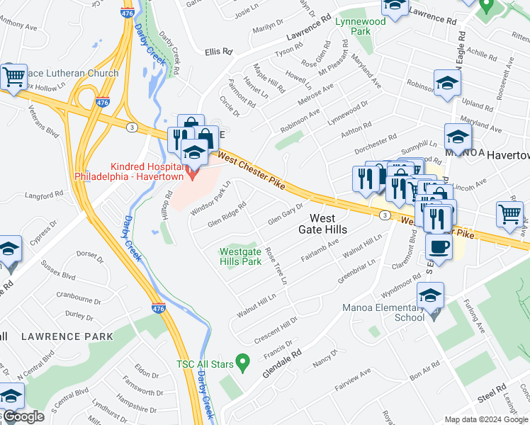 map of restaurants, bars, coffee shops, grocery stores, and more near 229 Wendover Drive in Havertown