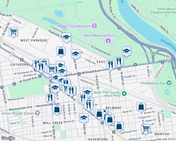 map of restaurants, bars, coffee shops, grocery stores, and more near 4211 West Girard Avenue in Philadelphia