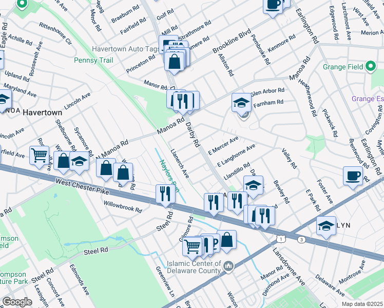 map of restaurants, bars, coffee shops, grocery stores, and more near 16 Fulmer Avenue in Havertown