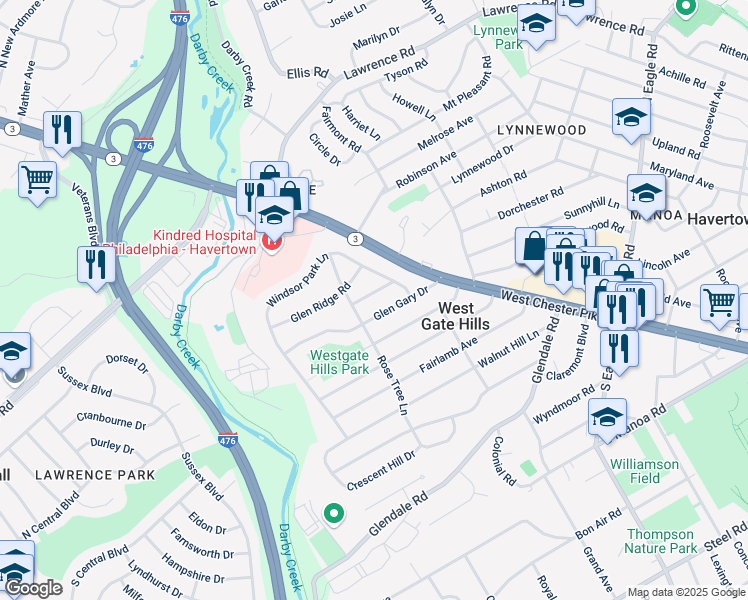 map of restaurants, bars, coffee shops, grocery stores, and more near 229 Wendover Drive in Havertown