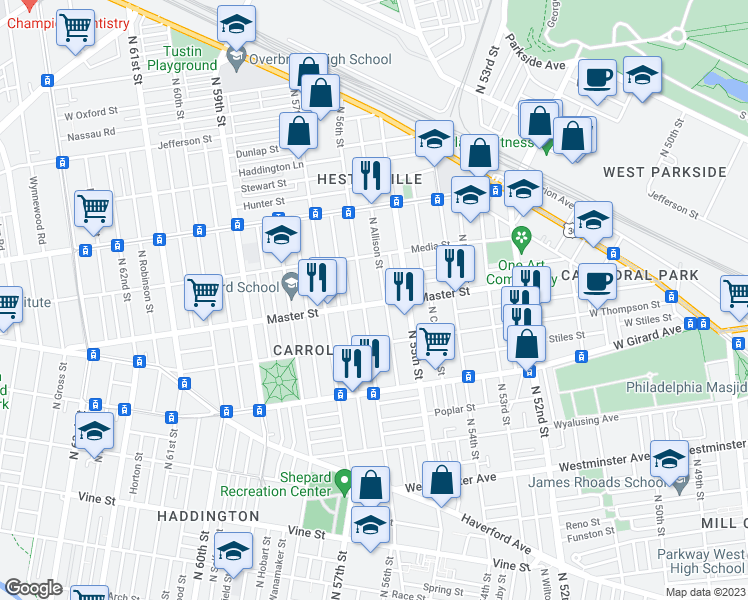 map of restaurants, bars, coffee shops, grocery stores, and more near 5535 Master Street in Philadelphia