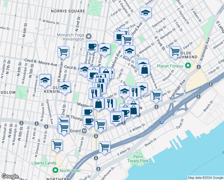 map of restaurants, bars, coffee shops, grocery stores, and more near 1419 East Columbia Avenue in Philadelphia