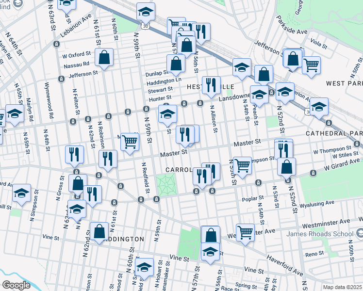 map of restaurants, bars, coffee shops, grocery stores, and more near 1419 North Alden Street in Philadelphia