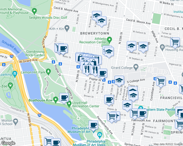 map of restaurants, bars, coffee shops, grocery stores, and more near 2727 Cambridge Street in Philadelphia