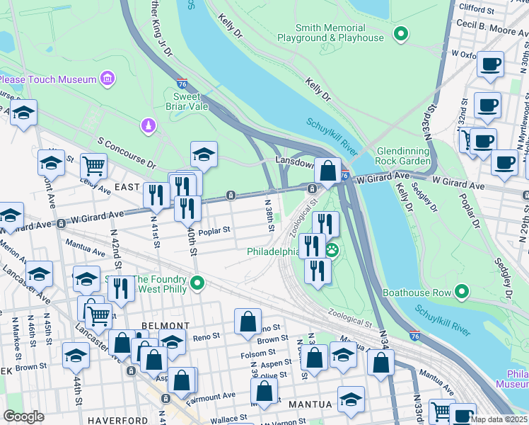 map of restaurants, bars, coffee shops, grocery stores, and more near 3804 Cambridge Street in Philadelphia