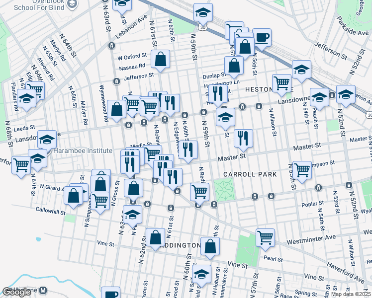 map of restaurants, bars, coffee shops, grocery stores, and more near 1442 North 60th Street in Philadelphia