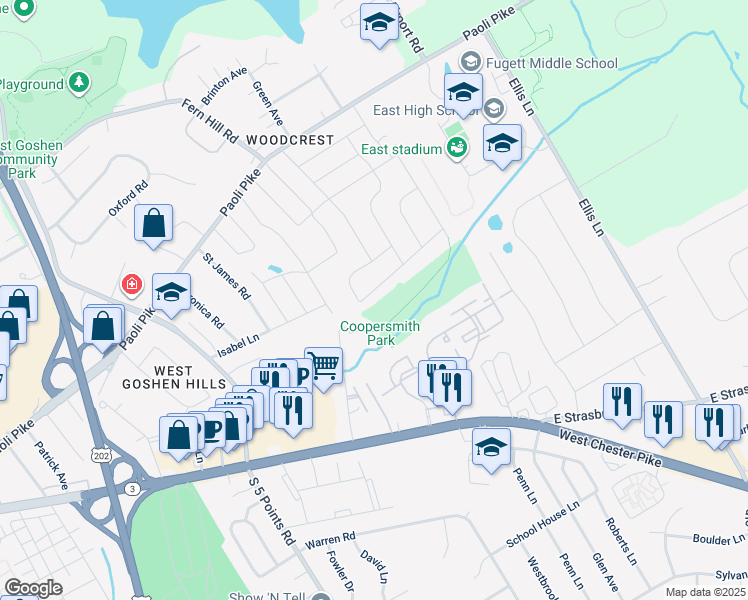 map of restaurants, bars, coffee shops, grocery stores, and more near 1204 Farmington Lane in West Chester