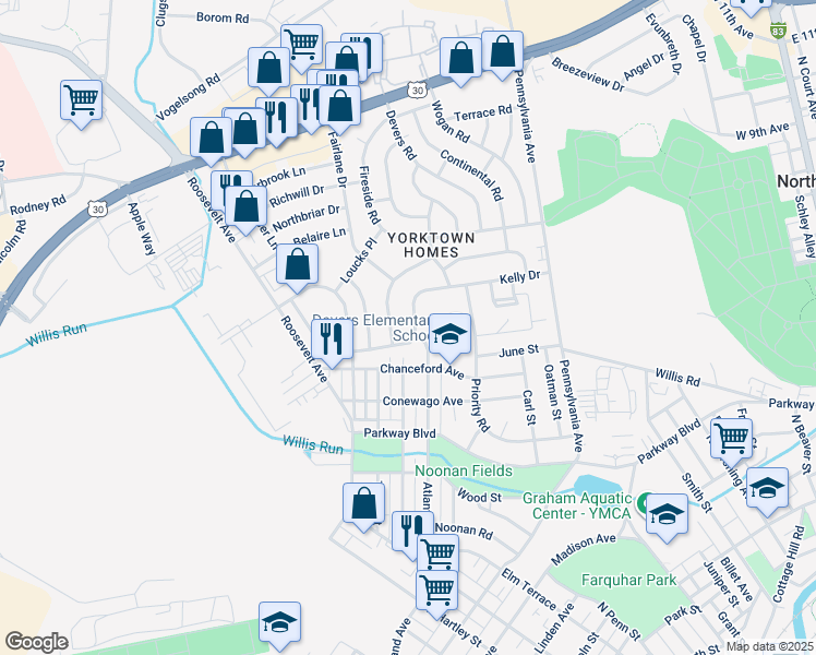 map of restaurants, bars, coffee shops, grocery stores, and more near 855 Kelly Dr in York