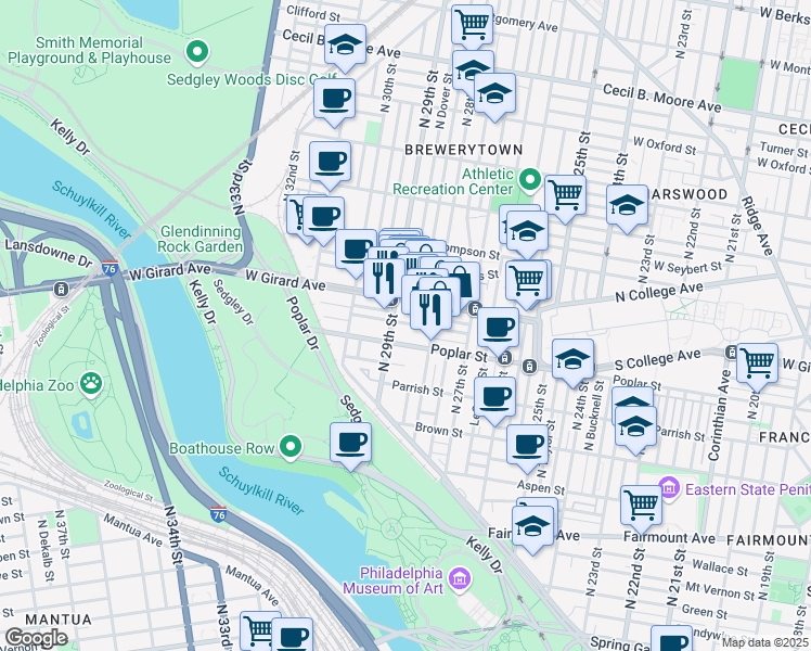 map of restaurants, bars, coffee shops, grocery stores, and more near 2838 Cambridge Street in Philadelphia