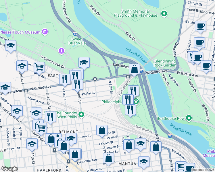 map of restaurants, bars, coffee shops, grocery stores, and more near 3812 Cambridge Street in Philadelphia