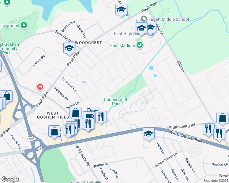 map of restaurants, bars, coffee shops, grocery stores, and more near 1204 Farmington Lane in West Chester