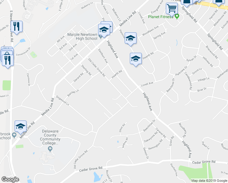 map of restaurants, bars, coffee shops, grocery stores, and more near 2850 Old Cedar Grove Road in Broomall