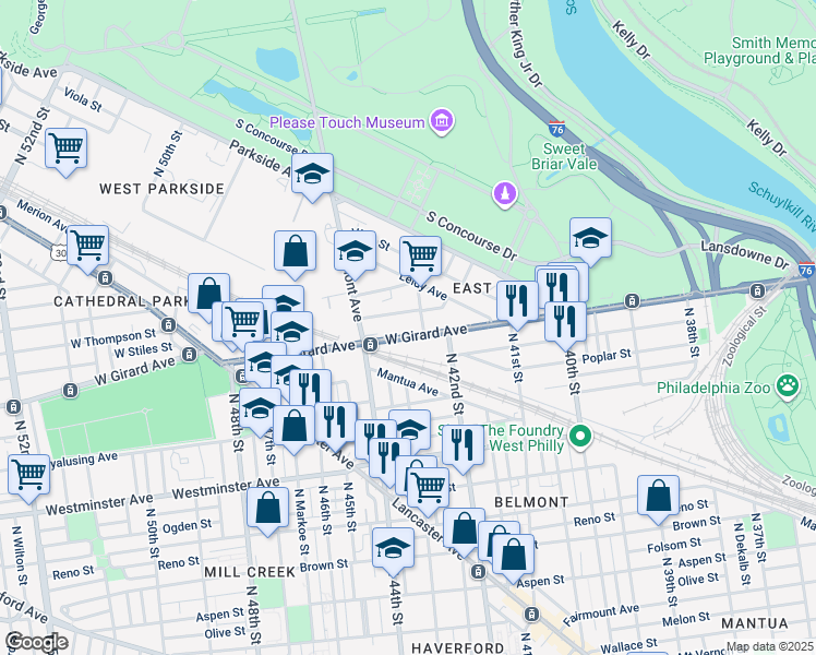 map of restaurants, bars, coffee shops, grocery stores, and more near 4217 West Girard Avenue in Philadelphia