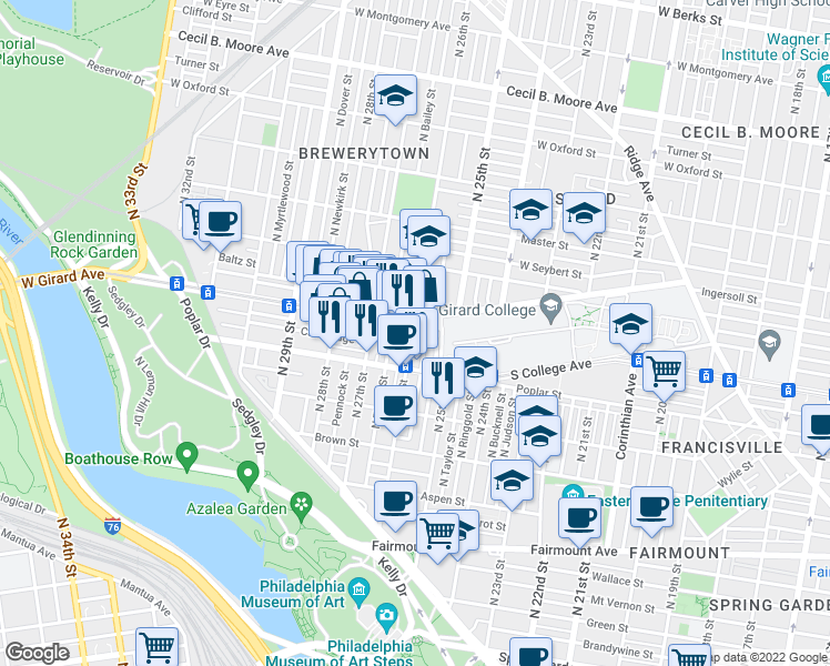 map of restaurants, bars, coffee shops, grocery stores, and more near 2548 West Girard Avenue in Philadelphia