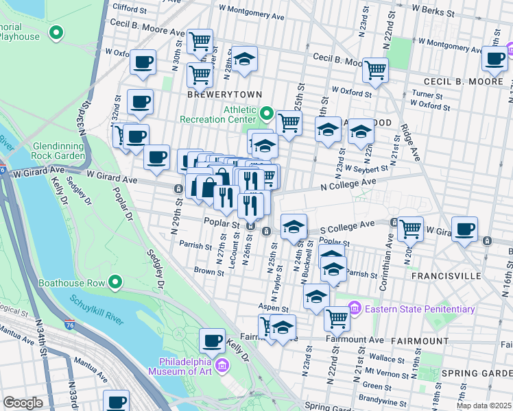 map of restaurants, bars, coffee shops, grocery stores, and more near 2548 West Girard Avenue in Philadelphia
