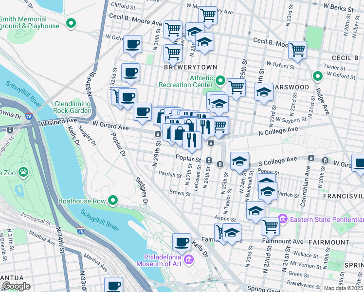 map of restaurants, bars, coffee shops, grocery stores, and more near 2735 Cambridge Street in Philadelphia