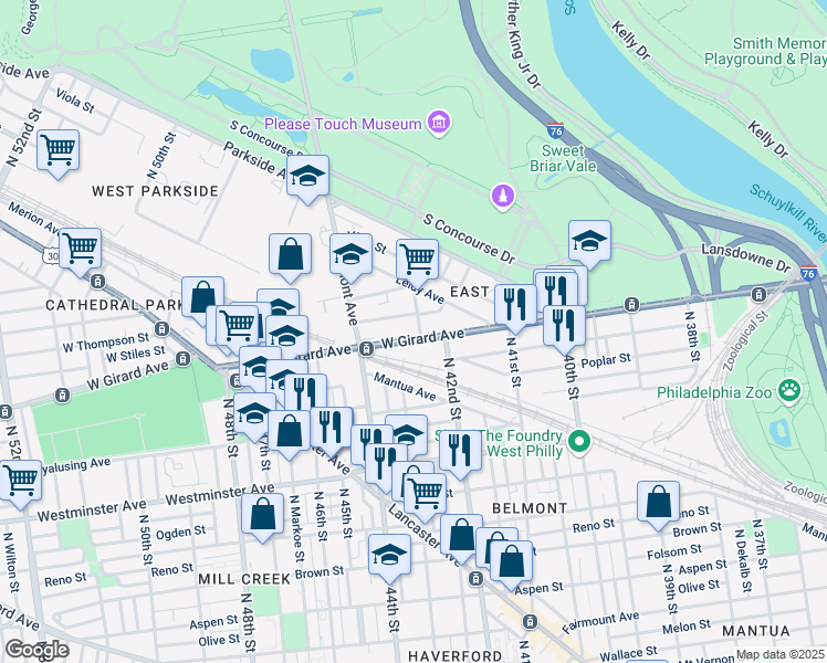 map of restaurants, bars, coffee shops, grocery stores, and more near 4232 West Girard Avenue in Philadelphia