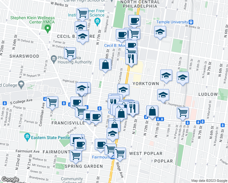 map of restaurants, bars, coffee shops, grocery stores, and more near 1311 North 15th Street in Philadelphia