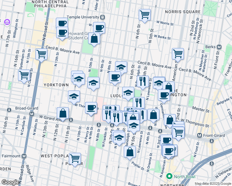 map of restaurants, bars, coffee shops, grocery stores, and more near 1420 North Marshall Street in Philadelphia