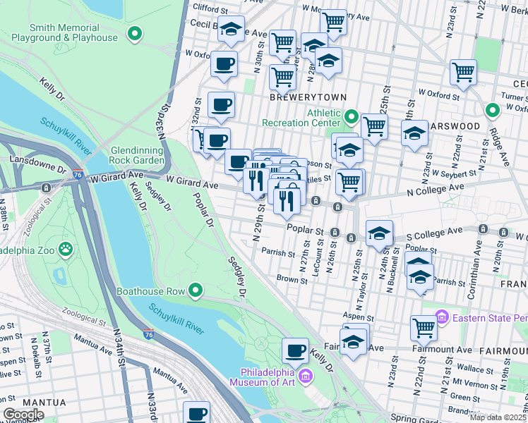 map of restaurants, bars, coffee shops, grocery stores, and more near 921 North 29th Street in Philadelphia