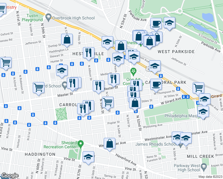 map of restaurants, bars, coffee shops, grocery stores, and more near 1336 North 54th Street in Philadelphia