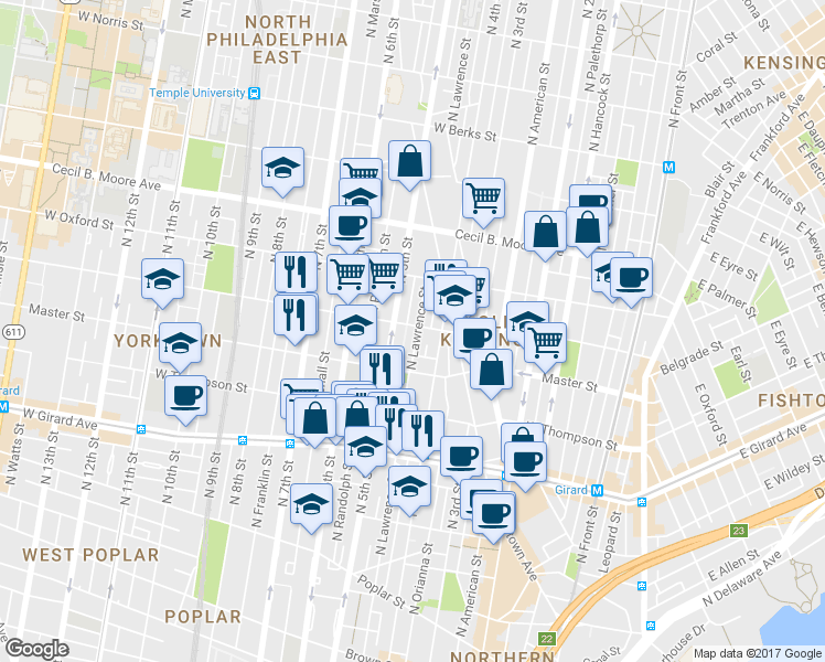 map of restaurants, bars, coffee shops, grocery stores, and more near 1452 North Lawrence Street in Philadelphia