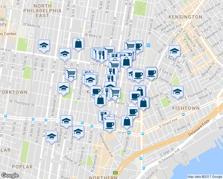 map of restaurants, bars, coffee shops, grocery stores, and more near 1500 North 2nd Street in Philadelphia