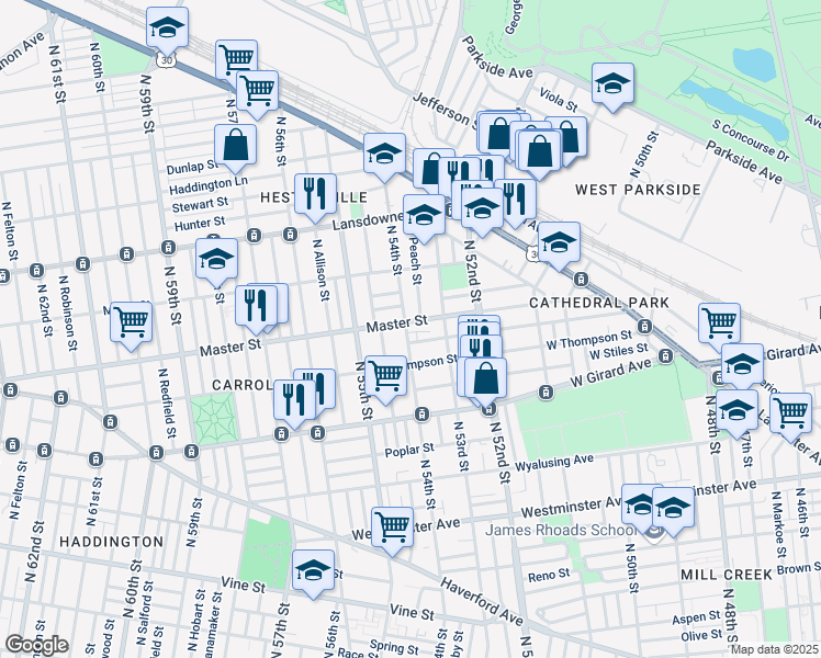 map of restaurants, bars, coffee shops, grocery stores, and more near 5342 Master Street in Philadelphia
