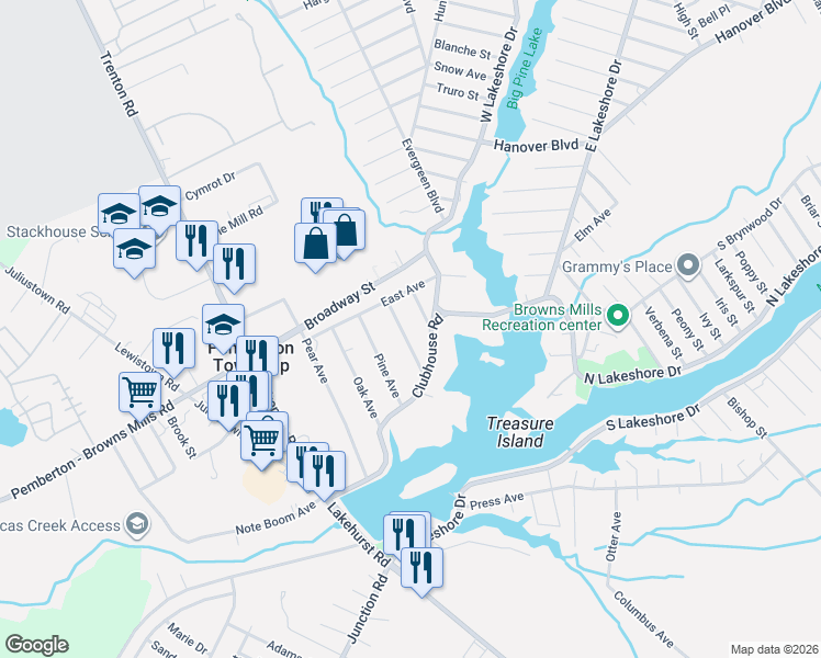 map of restaurants, bars, coffee shops, grocery stores, and more near 8 Chestnut Avenue in Pemberton Township