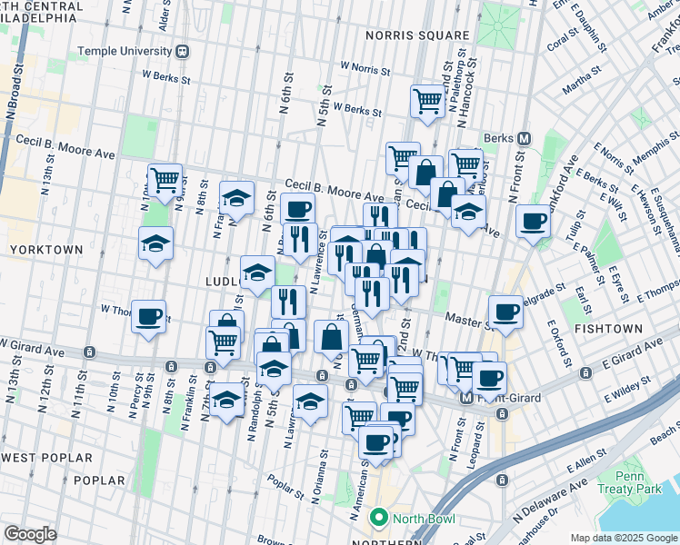 map of restaurants, bars, coffee shops, grocery stores, and more near 1503 North 4th Street in Philadelphia