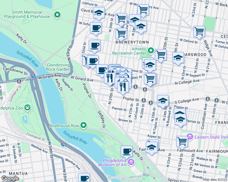 map of restaurants, bars, coffee shops, grocery stores, and more near 921 North 29th Street in Philadelphia
