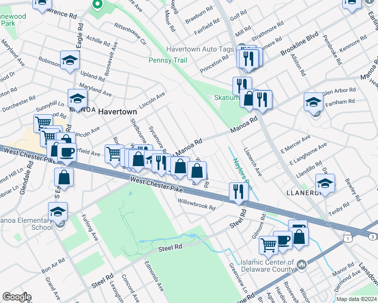 map of restaurants, bars, coffee shops, grocery stores, and more near 415 North Manoa Road in Havertown