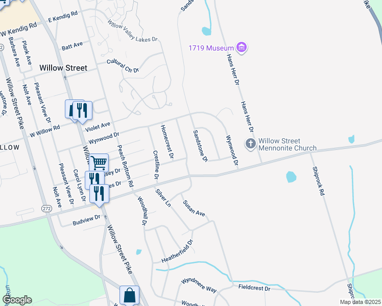 map of restaurants, bars, coffee shops, grocery stores, and more near 329 Edgemont Drive in Willow Street
