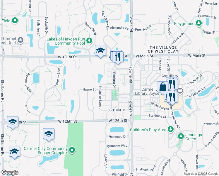 map of restaurants, bars, coffee shops, grocery stores, and more near 2570 Congress Street in Carmel