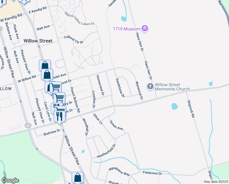 map of restaurants, bars, coffee shops, grocery stores, and more near 329 Edgemont Drive in Willow Street
