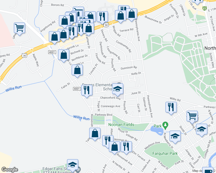 map of restaurants, bars, coffee shops, grocery stores, and more near 855 Kelly Dr in York