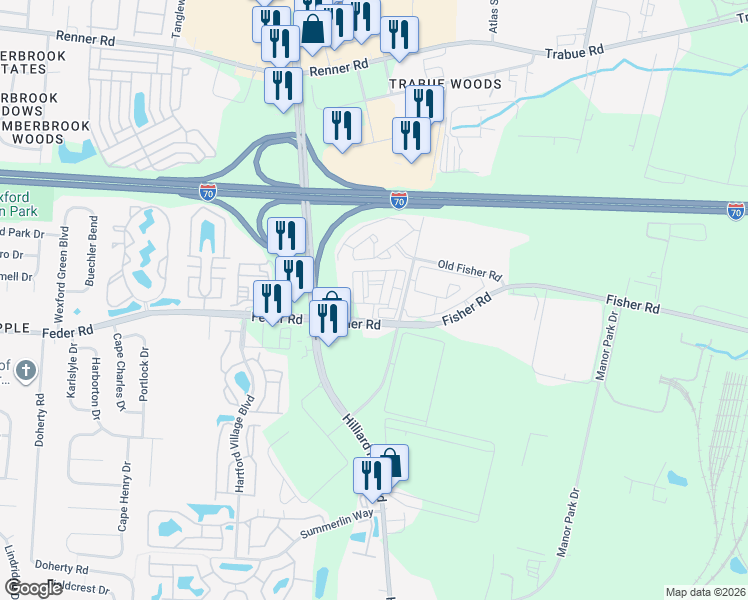 map of restaurants, bars, coffee shops, grocery stores, and more near 5432 Fisher Road in Columbus