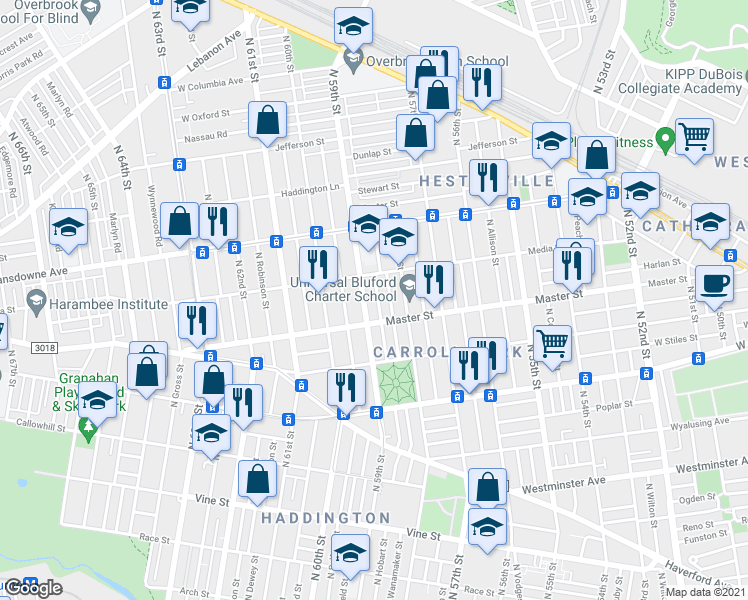 map of restaurants, bars, coffee shops, grocery stores, and more near 1432 North Hobart Street in Philadelphia