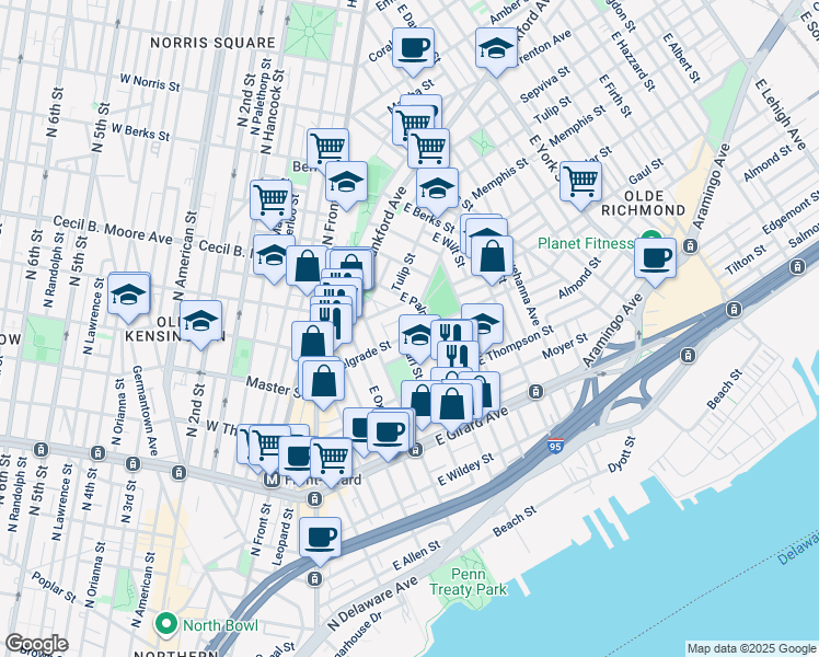 map of restaurants, bars, coffee shops, grocery stores, and more near 437 Belgrade Street in Philadelphia