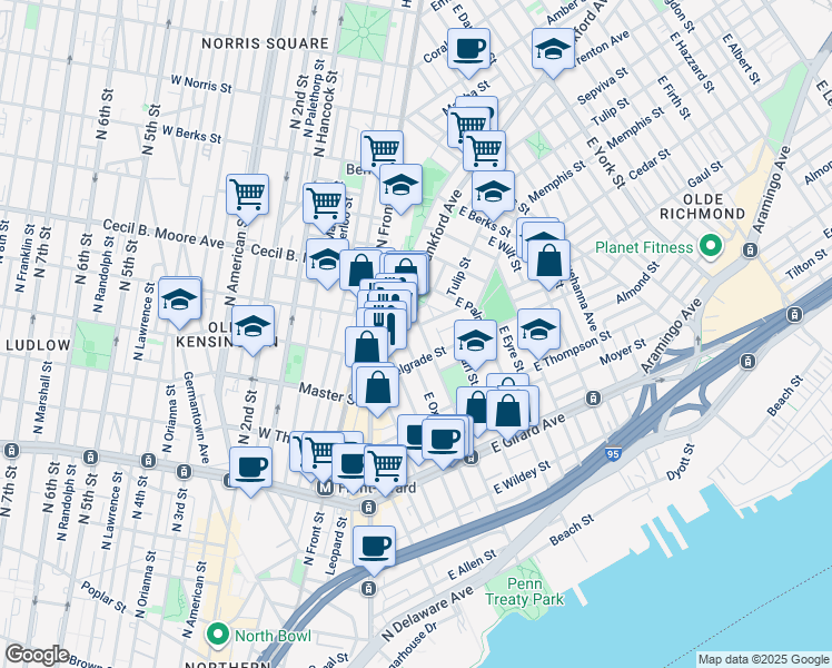 map of restaurants, bars, coffee shops, grocery stores, and more near 1430 East Columbia Avenue in Philadelphia