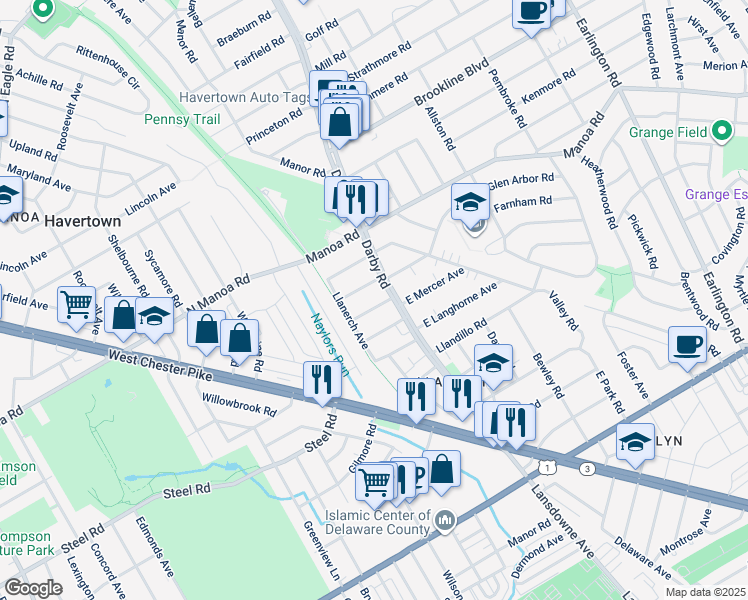 map of restaurants, bars, coffee shops, grocery stores, and more near 16 Fulmer Avenue in Havertown