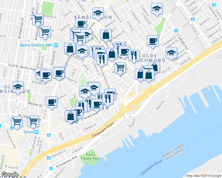 map of restaurants, bars, coffee shops, grocery stores, and more near 1301 East Susquehanna Avenue in Philadelphia