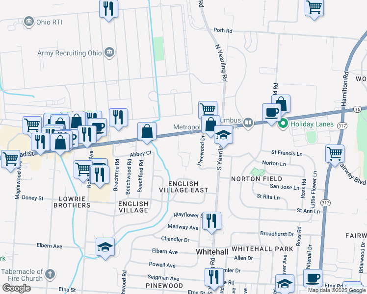 map of restaurants, bars, coffee shops, grocery stores, and more near 4253 East Broad Street in Columbus